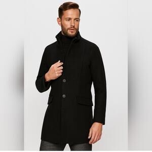 Selected Homme Men's Black Wool Blend Winter Coat Size Medium